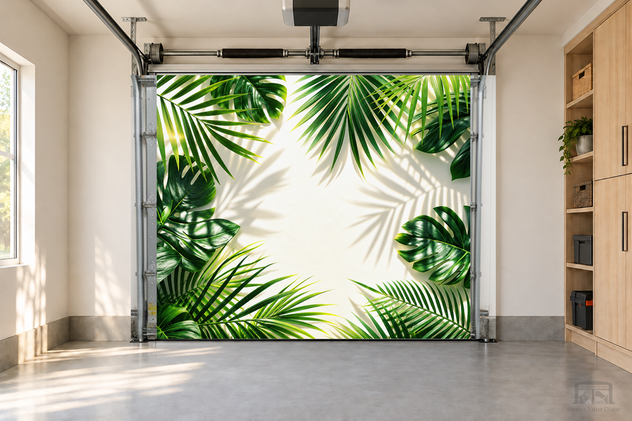 Palm Light Escape interior garage door cover — one-car garage front view