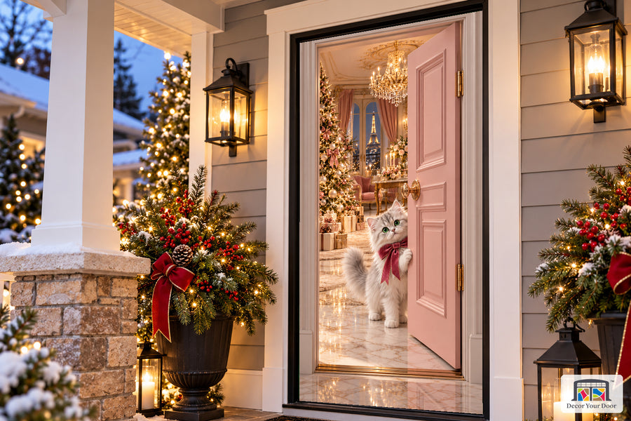 Parisian Christmas Kitten Front Door Cover on the approved Christmas porch, angled view with complete illustrated door.