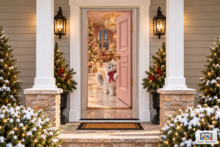 Parisian Christmas Kitten Front Door Cover printed 3D door illusion on a snowy Christmas porch, front view.