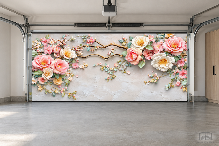 Pastel Blossom Grace interior garage door cover — two-car garage front view