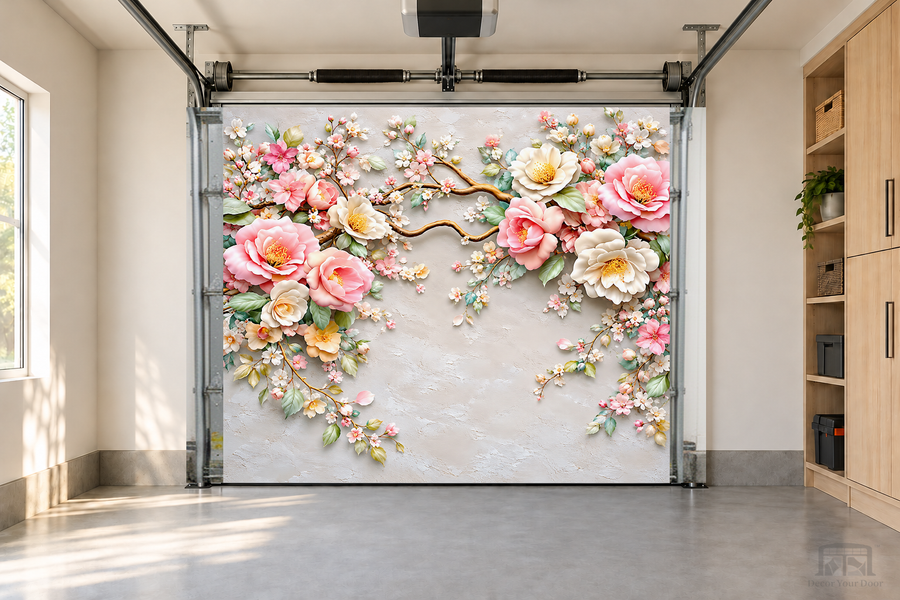 Pastel Blossom Grace interior garage door cover — one-car garage front view