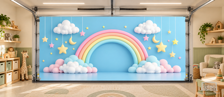Pastel Rainbow Dream interior garage door cover — TwoCar-front in a nursery garage playroom