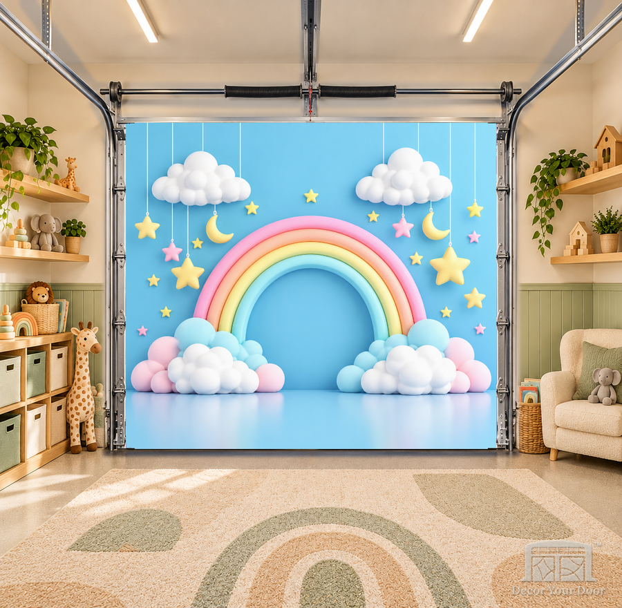 Pastel Rainbow Dream interior garage door cover — OneCar-front in a nursery garage playroom