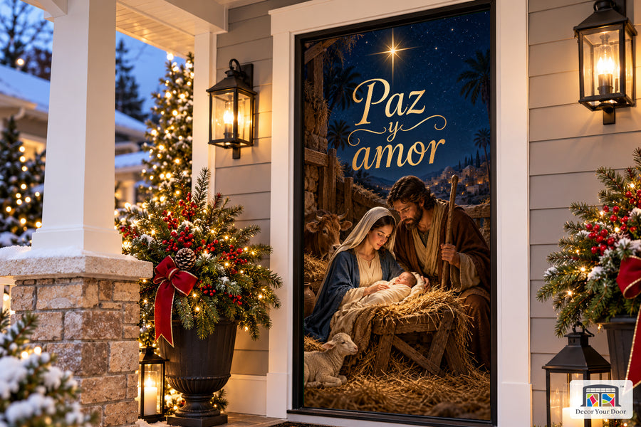 Paz y Amor Nativity Front Door Cover on the approved Christmas porch, angled view.