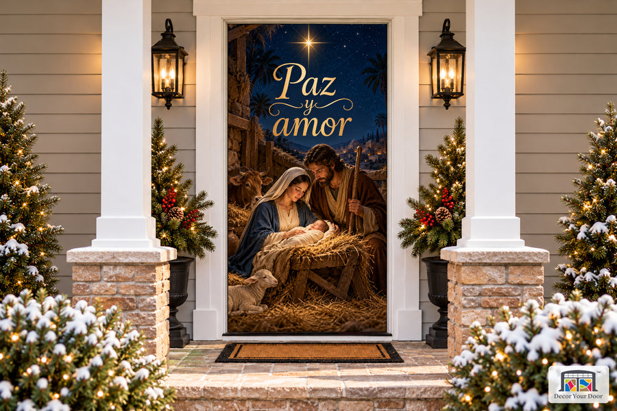 Paz y Amor Nativity Front Door Cover on a snowy Christmas porch, front view.