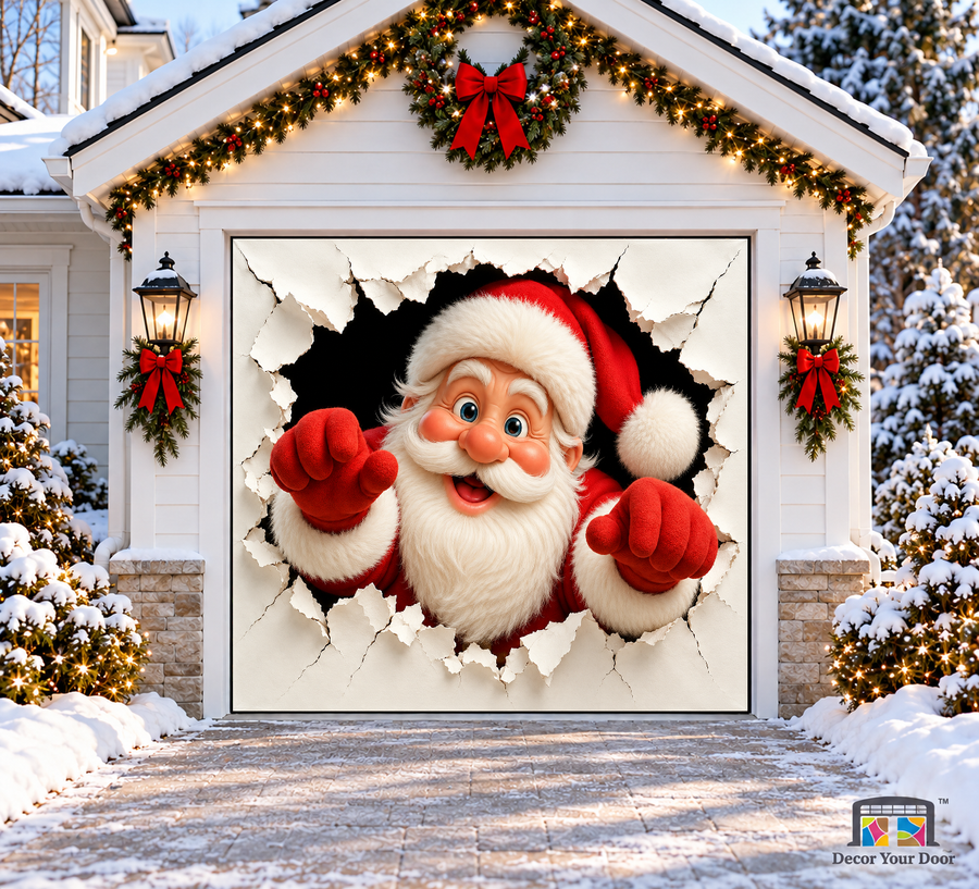 Peekaboo Santa Christmas Garage Door Cover — one-car garage front view