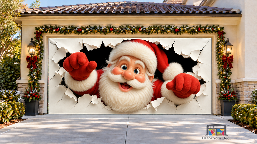 Peekaboo Santa Christmas Garage Door Cover — two-car garage front view