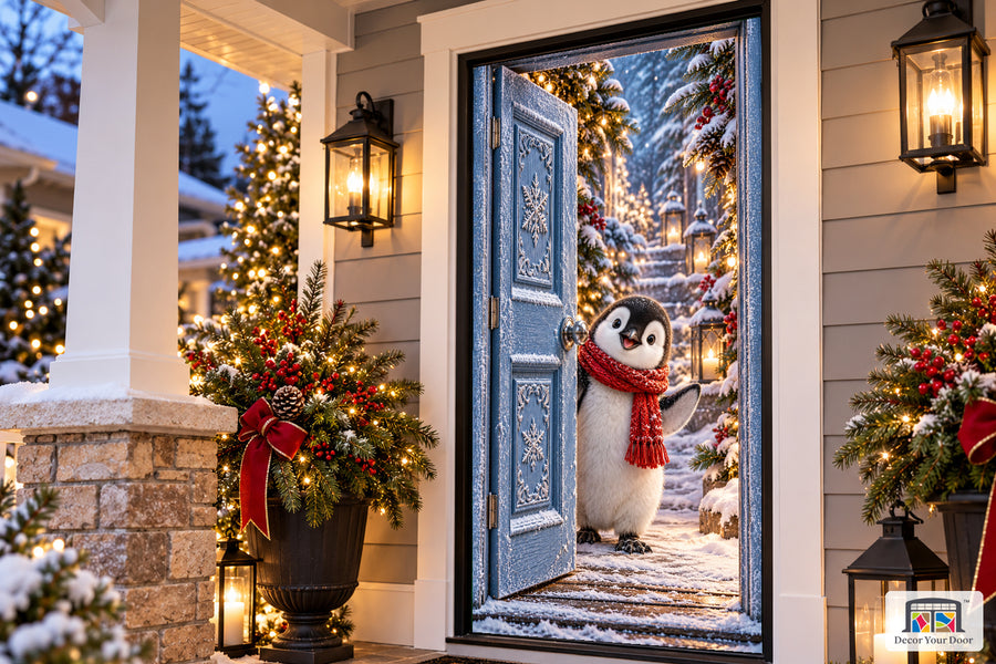 Penguin's Frosted Door Welcome Front Door Cover on the approved Christmas porch, angled view.