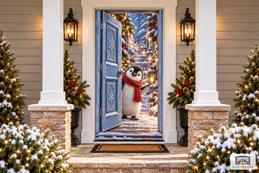 Penguin's Frosted Door Welcome Front Door Cover on a snowy Christmas porch, front view.