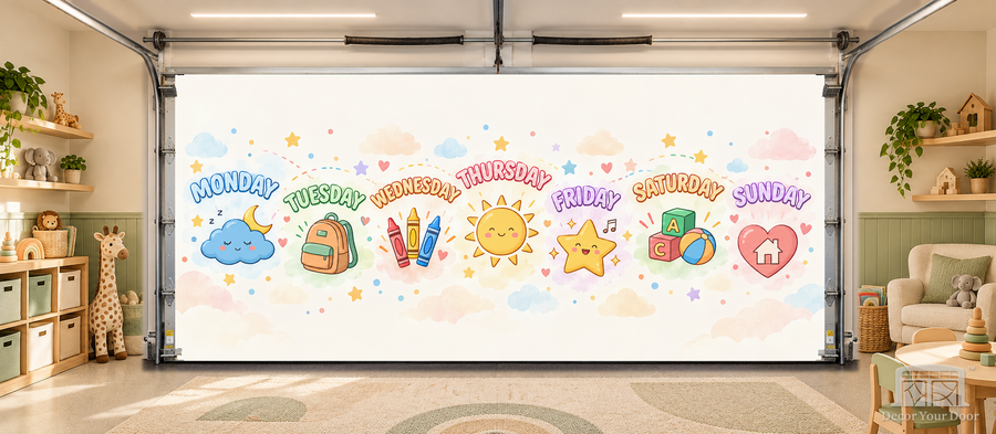 Playful Days of the Week Learning interior garage door cover — TwoCar-front in a nursery garage playroom