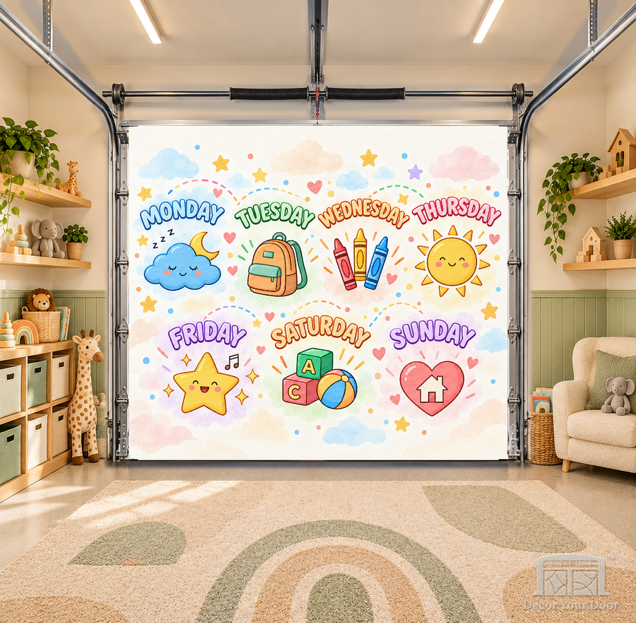 Playful Days of the Week Learning interior garage door cover — OneCar-front in a nursery garage playroom