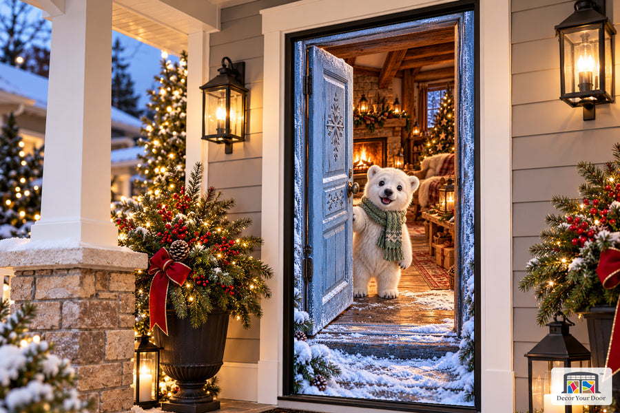 Polar Bear Cabin Welcome Front Door Cover on the approved Christmas porch, angled view with complete illustrated door.