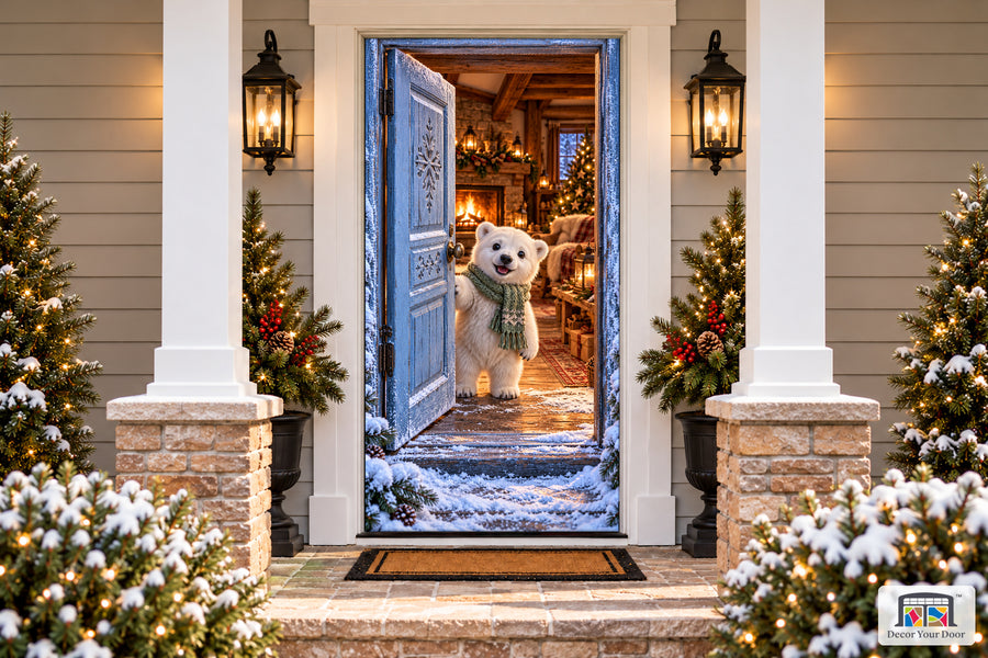 Polar Bear Cabin Welcome Front Door Cover printed 3D door illusion on a snowy Christmas porch, front view.