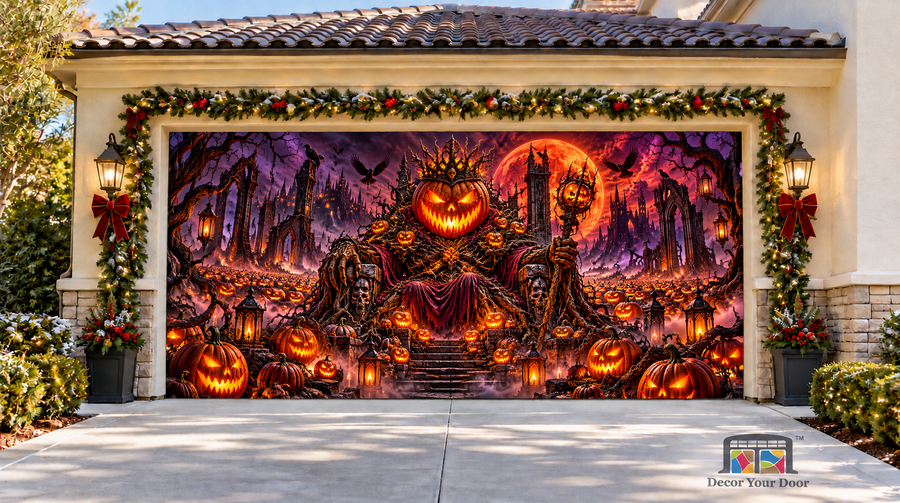 Possessed Pumpkin Kingdom Halloween Garage Door Cover — two-car front view