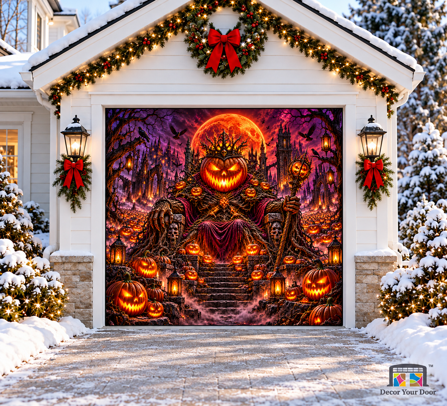 Possessed Pumpkin Kingdom Halloween Garage Door Cover — one-car front view