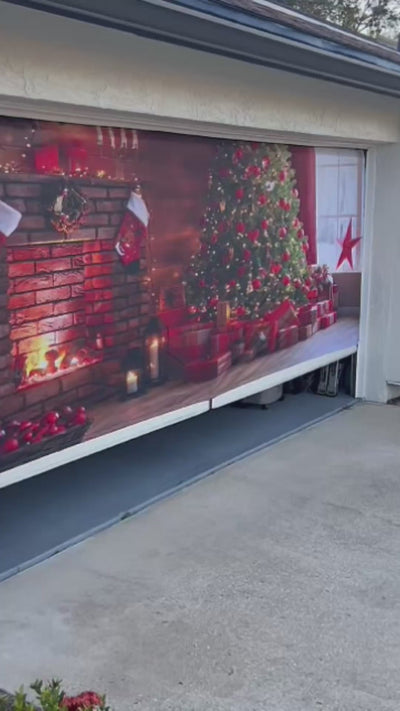 Decoración navideña para interiores: Árbol brillante, chimenea, regalos, revestimiento para puerta de garaje.