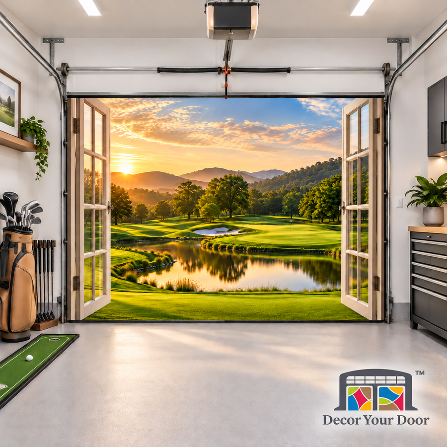 Private Golf View interior garage door cover shown from inside a one-car golf-themed garage, front view