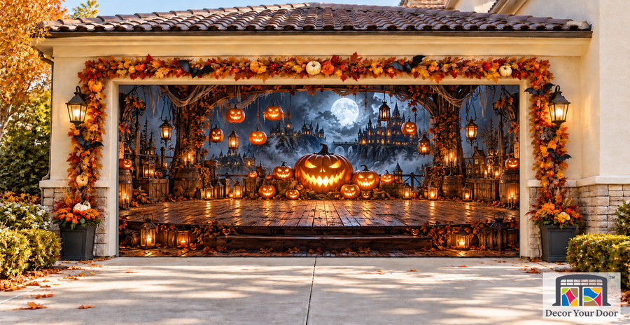 Pumpkin Hall Halloween garage door cover – Two Car front view