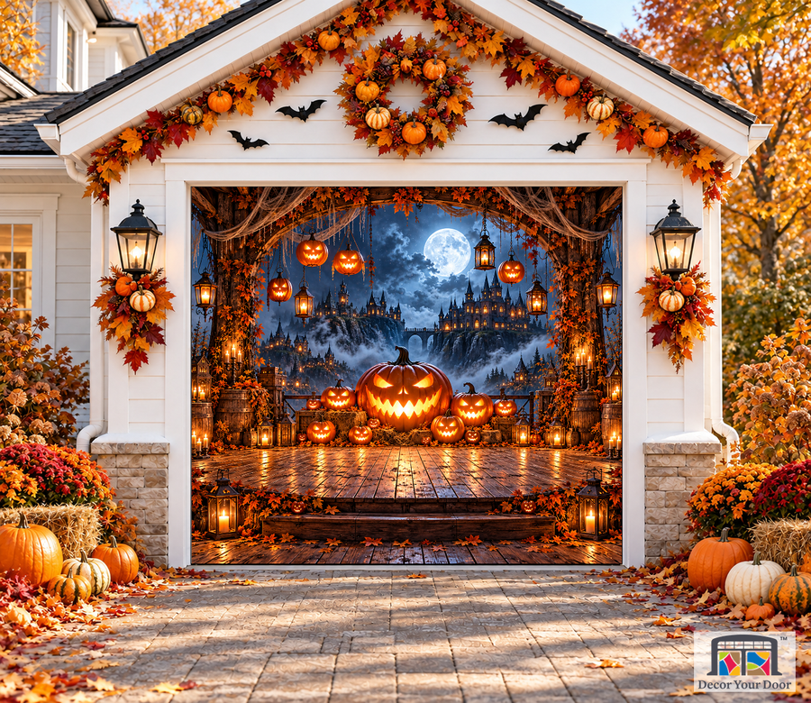 Pumpkin Hall Halloween garage door cover – One Car front view