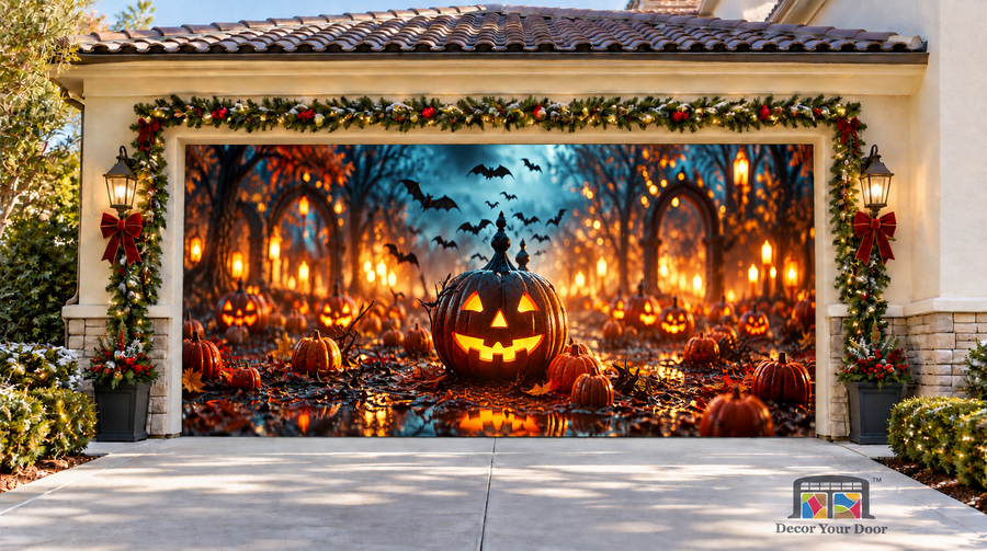 Pumpkin Monster Celebration Halloween Garage Door Cover — two-car front view