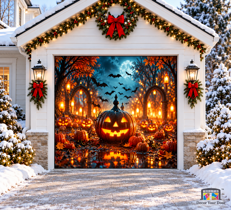 Pumpkin Monster Celebration Halloween Garage Door Cover — one-car front view