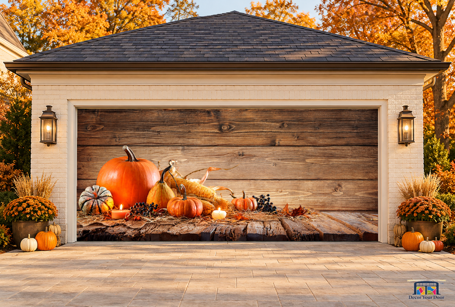 Pumpkins, Corn & Candles Thanksgiving Garage Door Cover — two-car front view on a fall house