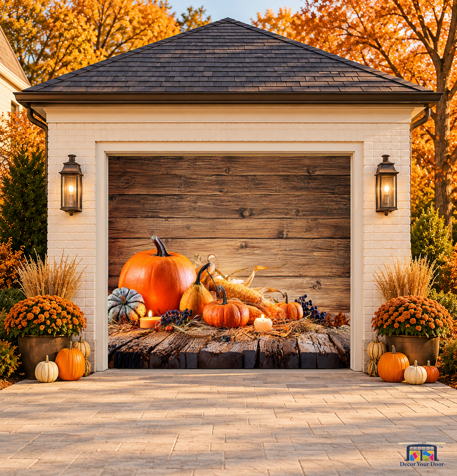 Pumpkins, Corn & Candles Thanksgiving Garage Door Cover — one-car front view on a fall house