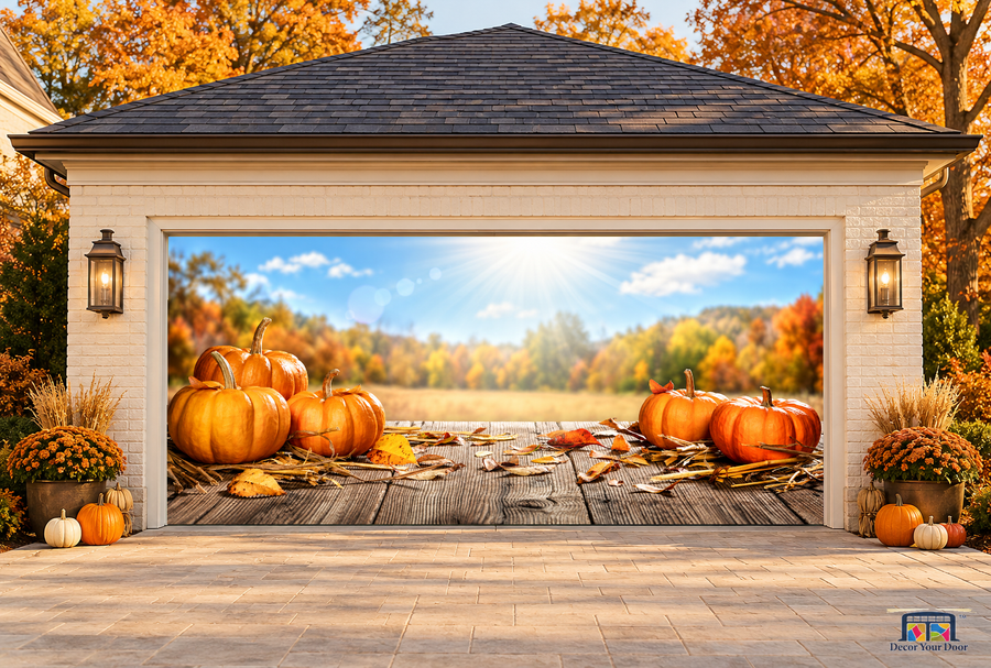 Pumpkins & Leaves Wooden Table Thanksgiving Garage Door Cover — two-car front view on a fall house