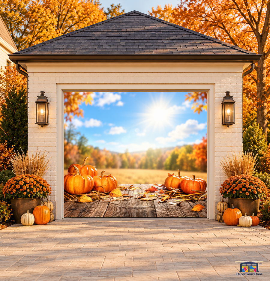Pumpkins & Leaves Wooden Table Thanksgiving Garage Door Cover — one-car front view on a fall house