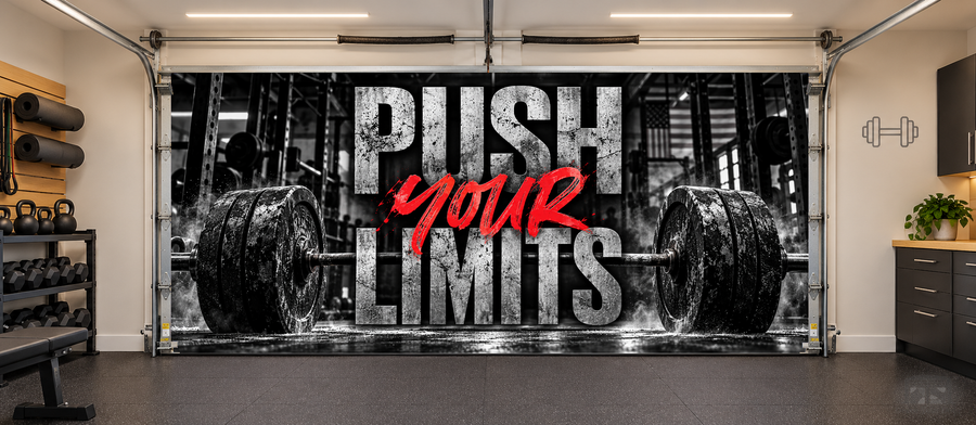 Push Your Limits interior garage door cover — two-car front view in a garage gym