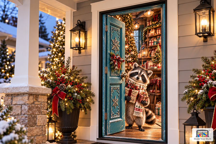 Raccoon Christmas Gift Welcome Front Door Cover on the approved Christmas porch, angled view with complete illustrated door.