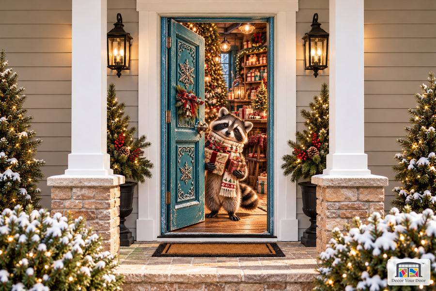 Raccoon Christmas Gift Welcome Front Door Cover printed 3D door illusion on a snowy Christmas porch, front view.