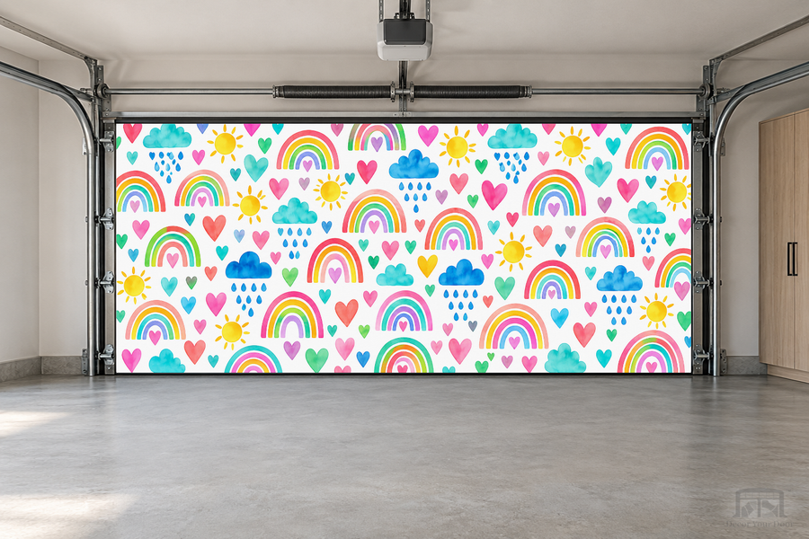 Rainbow Dreams interior garage door cover — two-car front view