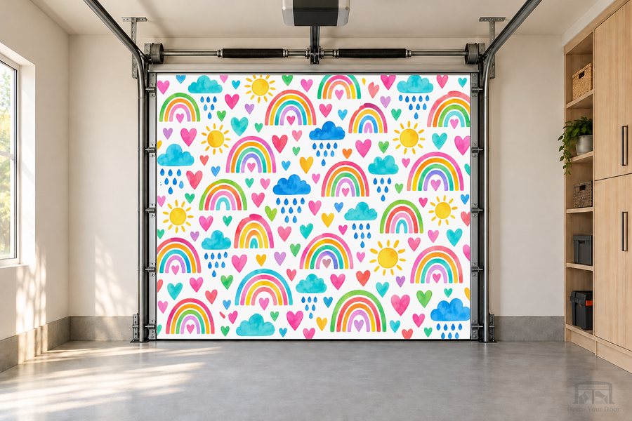 Rainbow Dreams interior garage door cover — one-car front view