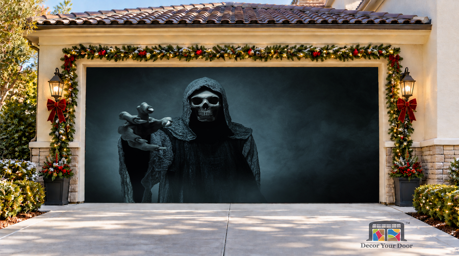 Reaching Grim Reaper Halloween Garage Door Cover — two-car front view