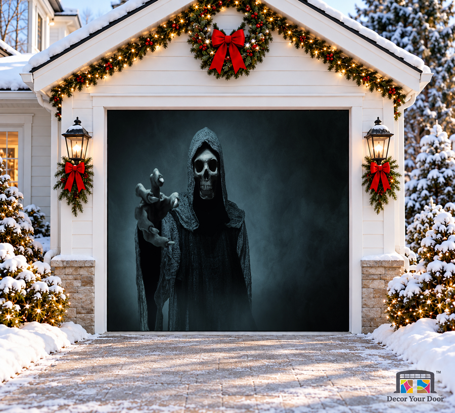 Reaching Grim Reaper Halloween Garage Door Cover — one-car front view