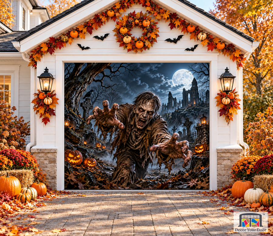 Reaching Zombie Halloween garage door cover – One Car front view