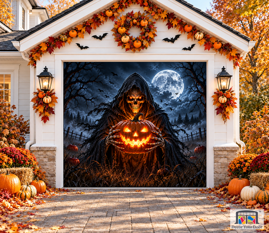 Reaper's Lantern Halloween garage door cover – One Car front view