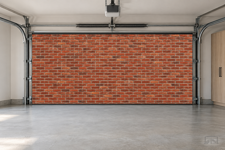 Red Brick Wall interior garage door cover — two-car front view