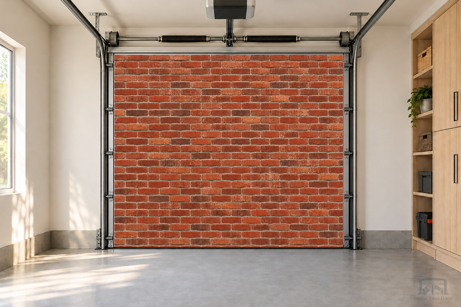 Red Brick Wall interior garage door cover — one-car front view