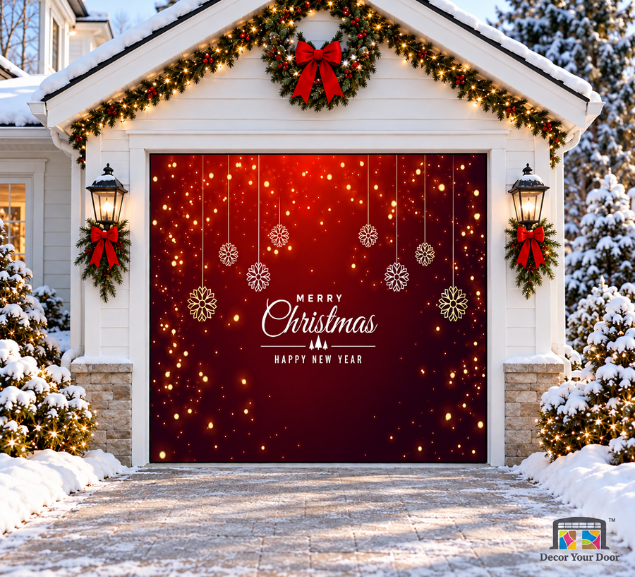 Red & Burgundy Christmas & New Year Garage Door Cover — one-car garage front view