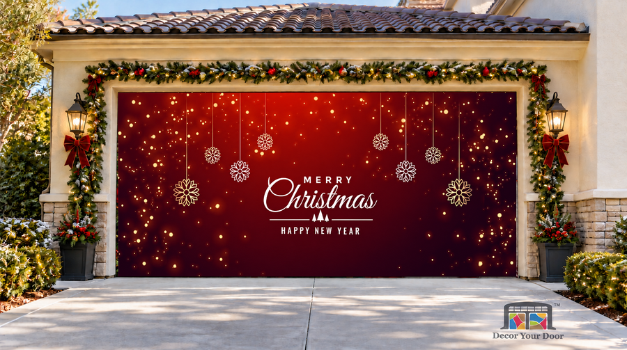 Red & Burgundy Christmas & New Year Garage Door Cover — two-car garage front view