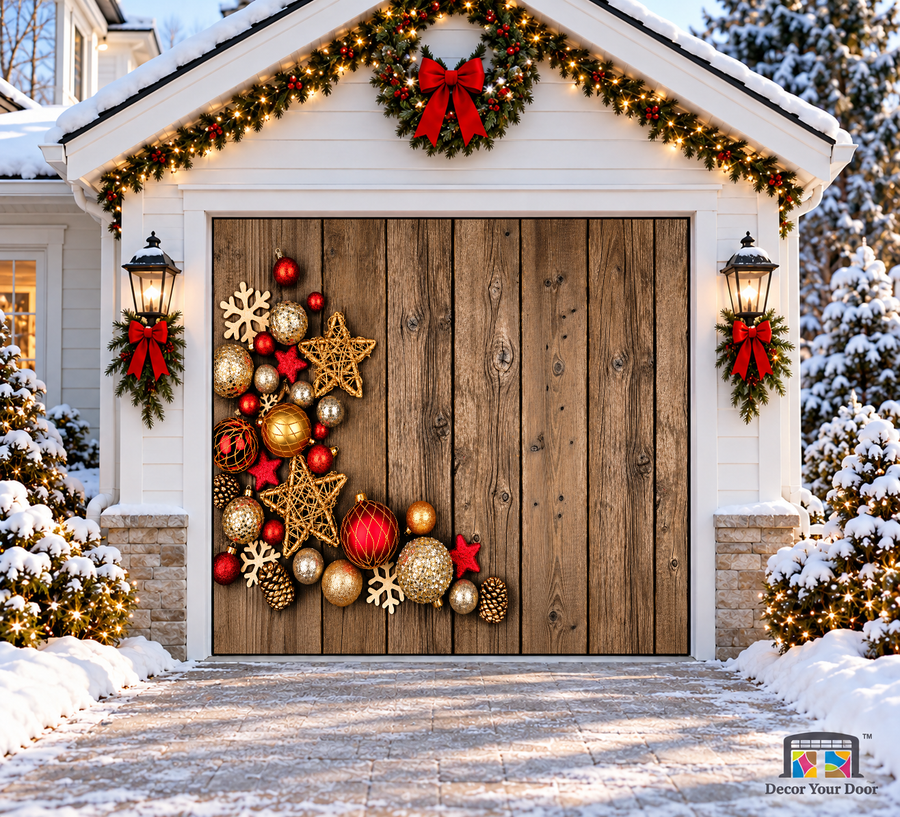 Red & Gold Ornaments Christmas Garage Door Cover — one-car garage front view