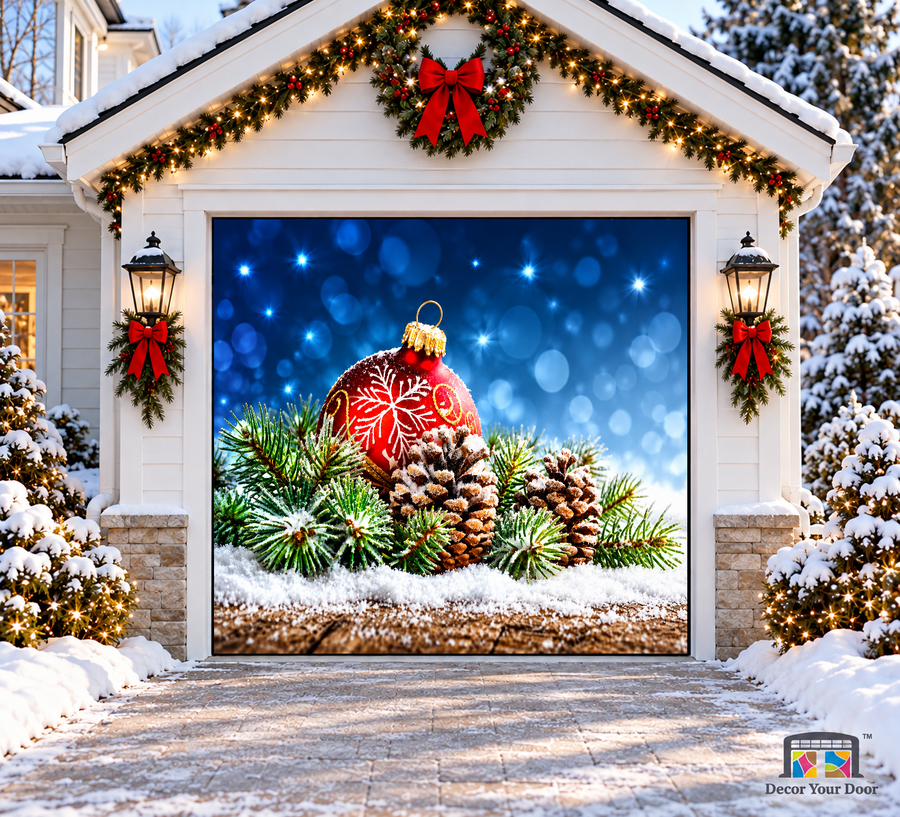 Red Ornaments Christmas Garage Door Cover — one-car garage front view