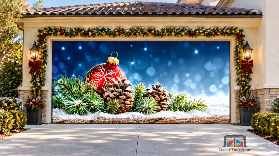 Red Ornaments Christmas Garage Door Cover — two-car garage front view