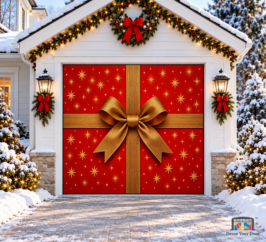 Red Ribbon Wonder Christmas Garage Door Cover — one-car garage front view