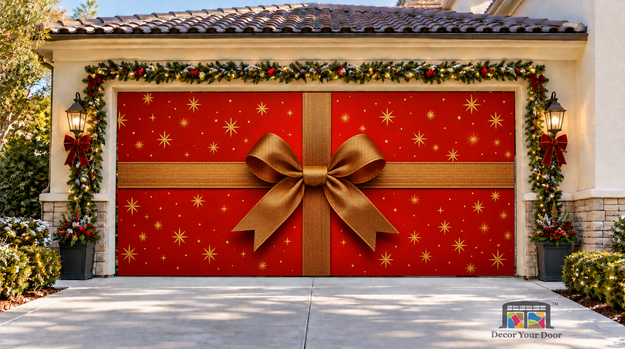 Red Ribbon Wonder Christmas Garage Door Cover — two-car garage front view