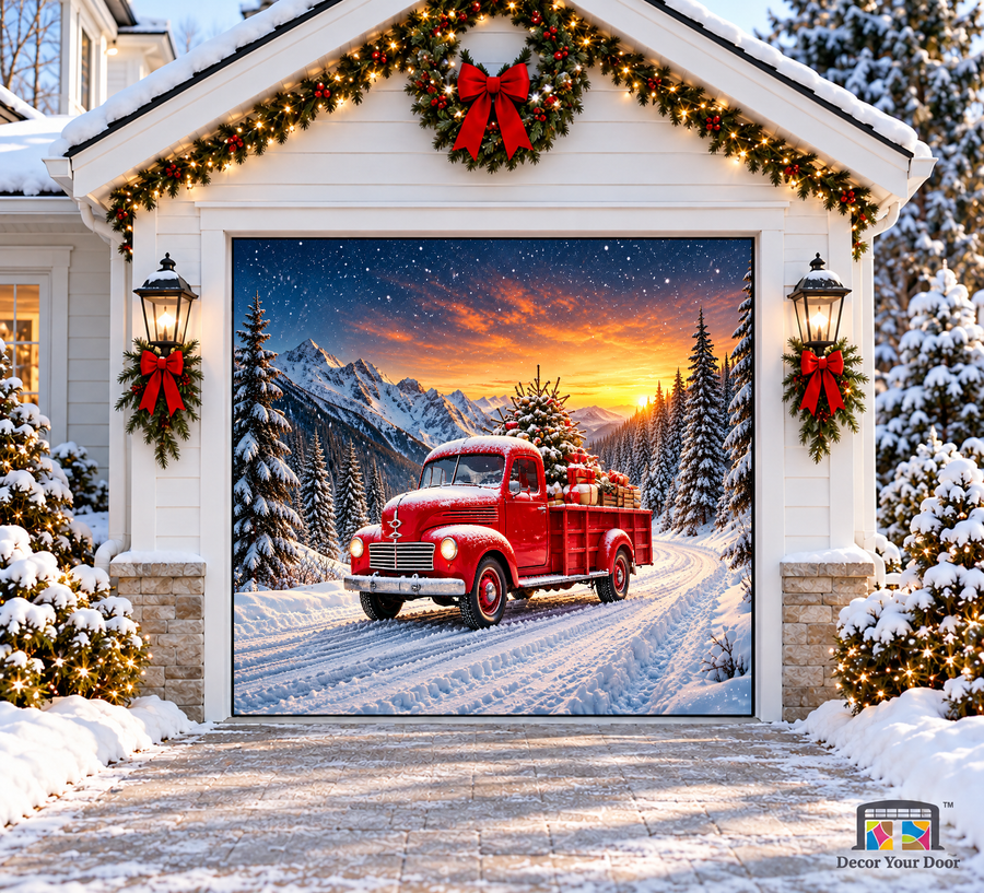 Red Truck Winter Wonderland Christmas Garage Door Cover — one-car garage front view