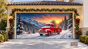 Red Truck Winter Wonderland Christmas Garage Door Cover