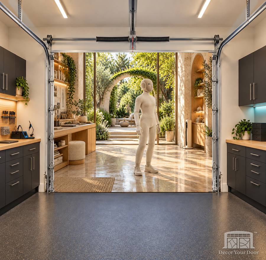NEO Garden Atelier interior garage door cover — 8 x 7 ft one-car garage, front view